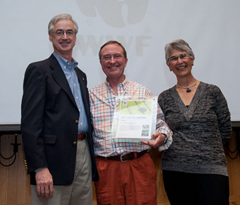 Dr Thomas Lovejoy receives the WWF Leader of a Living Planet Award from Jim Leape: WWF: International Director General, and Yolanda Kakabadse, WWF International President. Dr. Lovejoy is a member of the Horizon International Scientific Review Board. © WWF-Canon / Richard Stonehouse